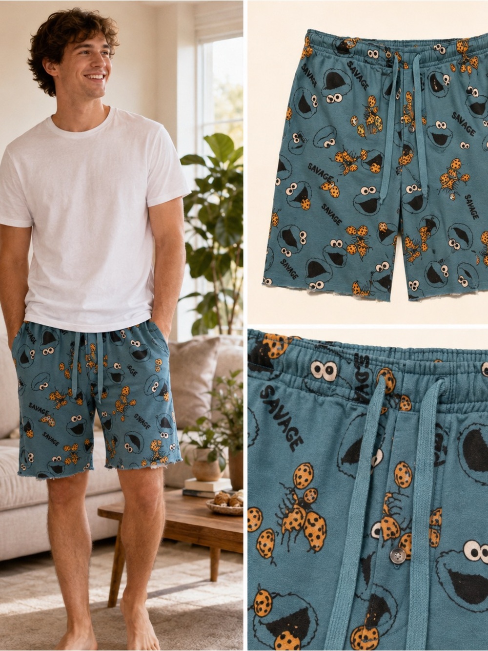 Sesame Street Cookie Monster Savage Pajama Shorts Adult Medium Blue Drawstring